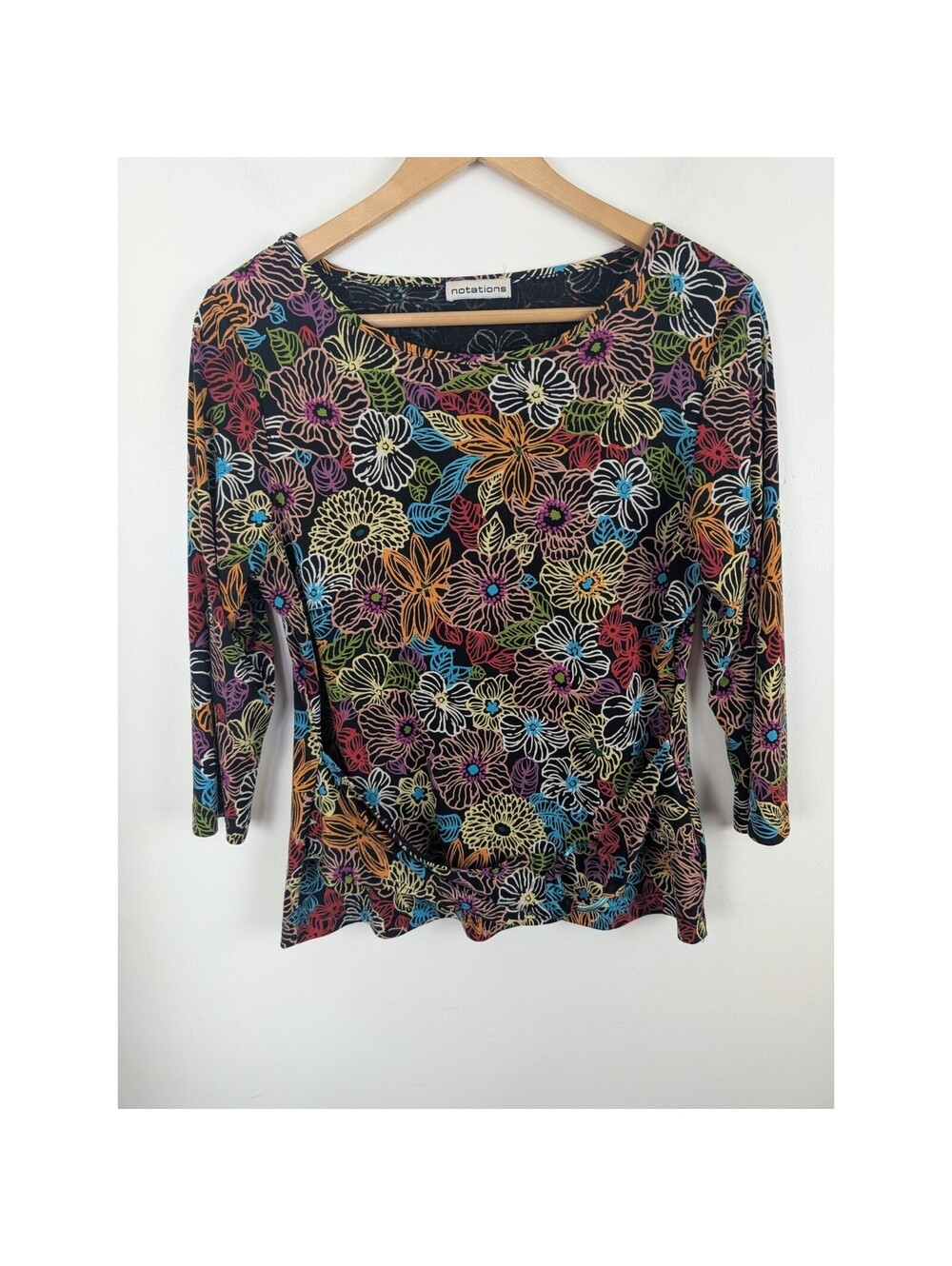Notations Women's Large Y2k Floral Shirt Multi Color Belted Belt 3/4 Sleeve